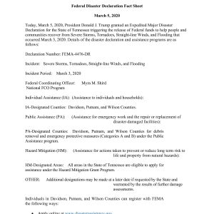 State of TN Federal Disaster Declaration | State of TN Federal Disaster Declaration Fact Sheet